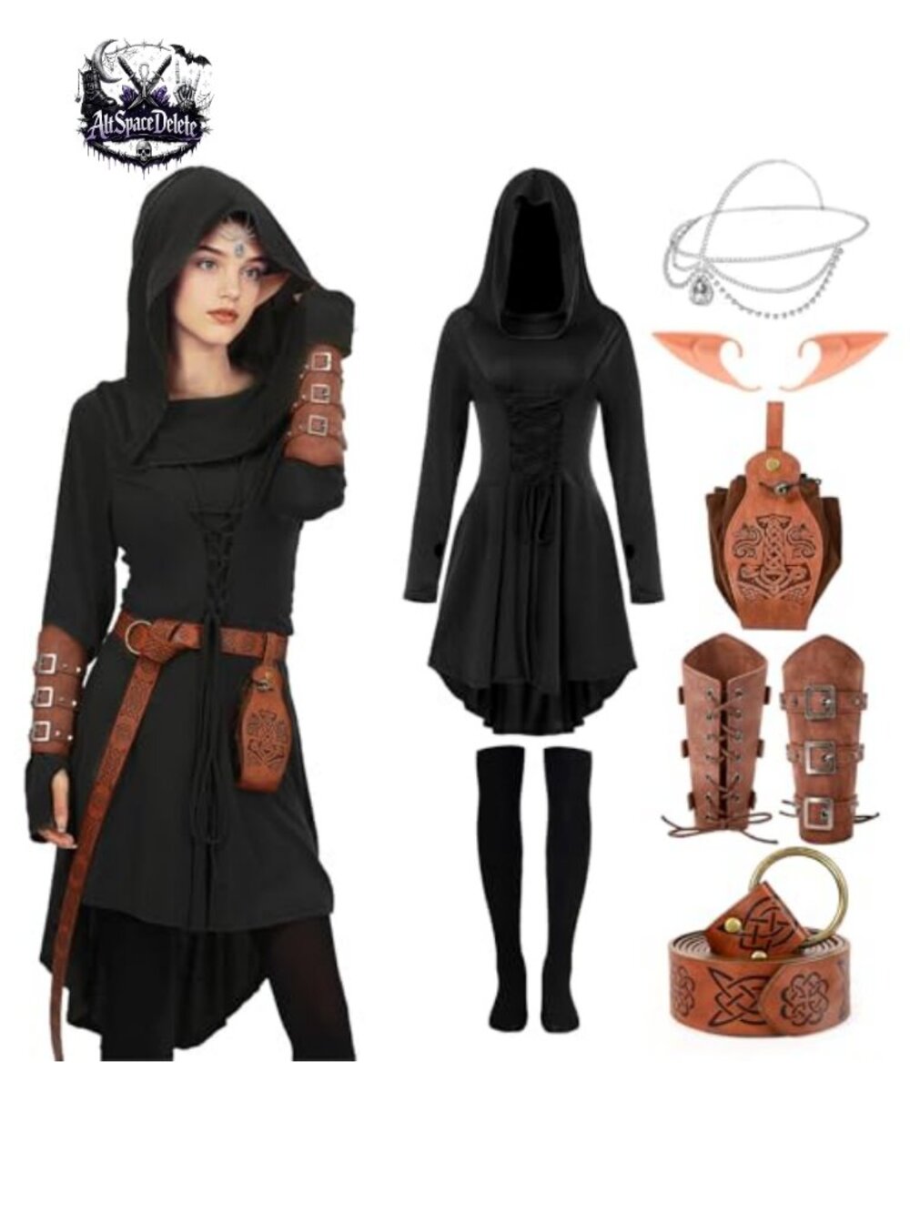 Medieval Renaissance Hooded Costume Set Polyester Dress Belt Pouch Elf Ears